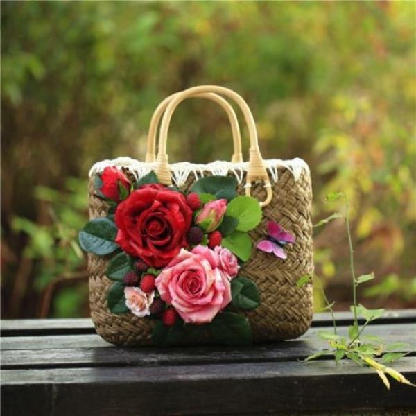 Women&#039;s handmade summer beach straw bag with rose flowers berries blossoms #1 image