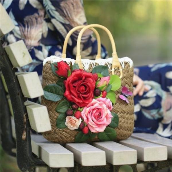 Women&#039;s handmade summer beach straw bag with rose flowers berries blossoms #3 image