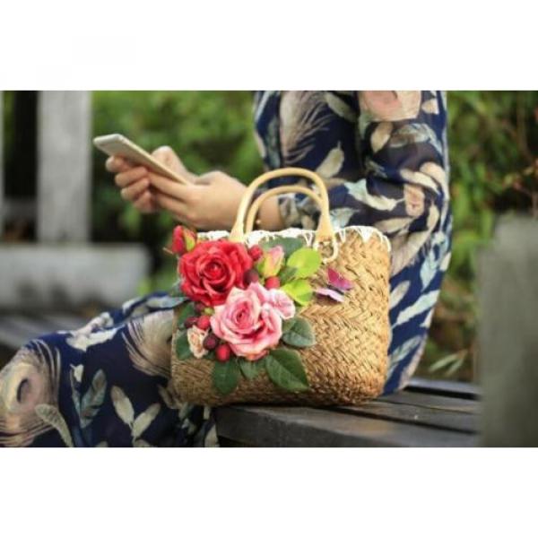 Women&#039;s handmade summer beach straw bag with rose flowers berries blossoms #4 image