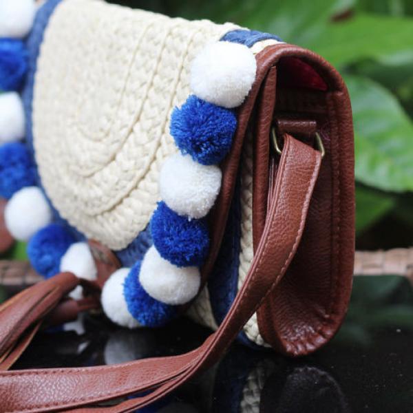 Women&#039;s handmade straw clutch bag handbag with pom poms and tassel #2 image