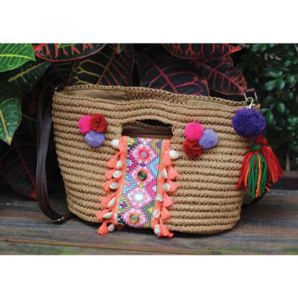 Women&#039;s handmade straw bag handbag with embroidery and shells tassels pom poms #3 image