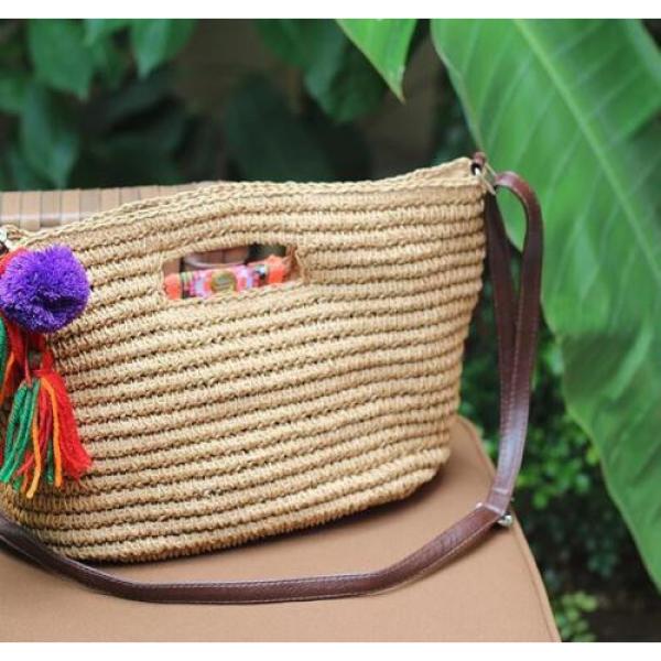 Women&#039;s handmade straw bag handbag with embroidery and shells tassels pom poms #4 image