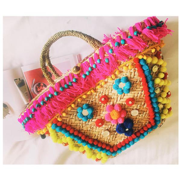 Women&#039;s handmade summer beach straw bag boho bomian bag with pom pom tassels #1 image