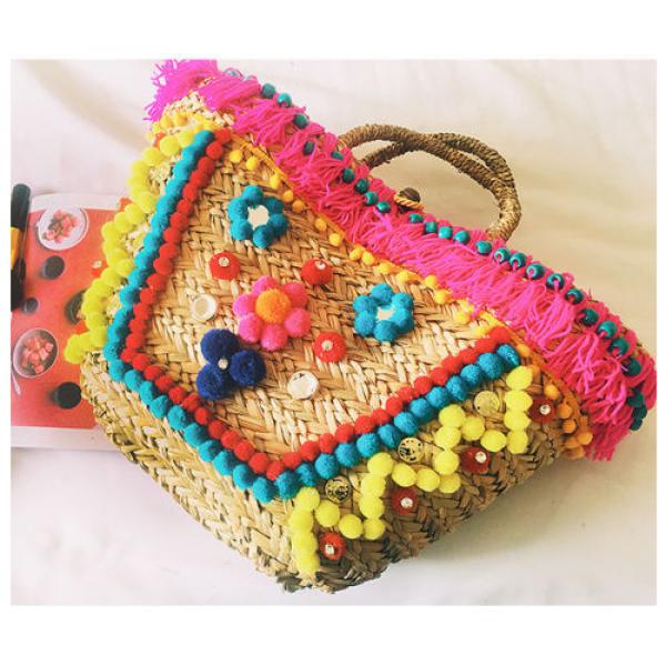 Women&#039;s handmade summer beach straw bag boho bomian bag with pom pom tassels #3 image