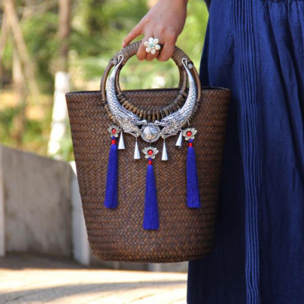 Women&#039;s handmade summer rattan straw tote bag boho tribal handbag with tassels #1 image