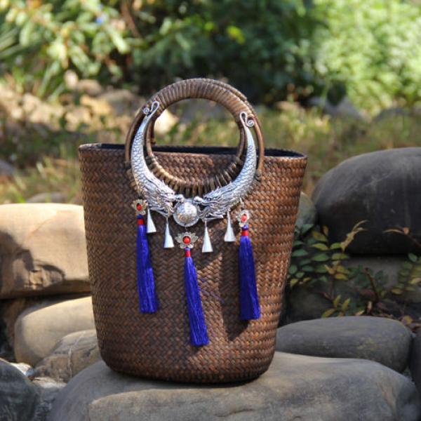 Women&#039;s handmade summer rattan straw tote bag boho tribal handbag with tassels #5 image