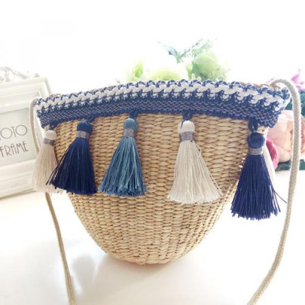 Women&#039;s handmade woven summer beach mini straw bag with pom pom beads tassels #3 image