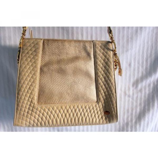 Bally Small Beige Natural Straw &amp; Leather Quilted Shoulder bag Purse Goldtone #2 image