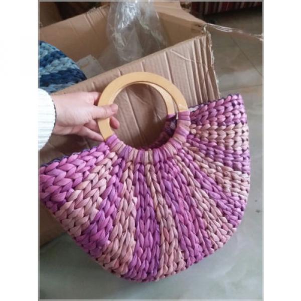 Women&#039;s handmade summer beach round woven straw bag with wooden handles #1 image