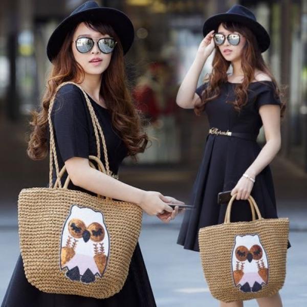 Women&#039;s handmade woven summer straw bag with parrot bird swan owl embroidery #5 image