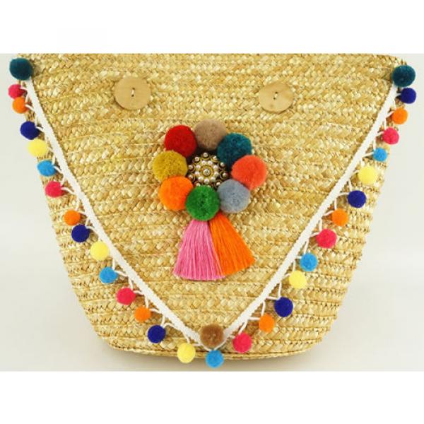 Women&#039;s handmade beach straw shoulder bag boho bohemian handbag with pom poms #2 image