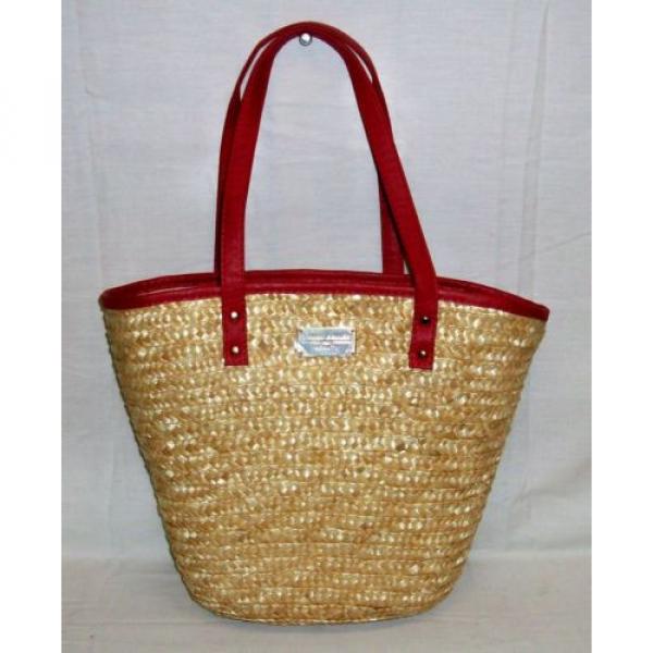 NWOT &#034;Laura Geller Beauty&#034; Straw Tote Bag Purse (Cotton-Poly Lining) Red Trim #1 image