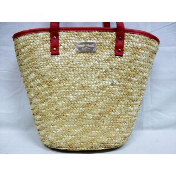 NWOT &#034;Laura Geller Beauty&#034; Straw Tote Bag Purse (Cotton-Poly Lining) Red Trim #2 image