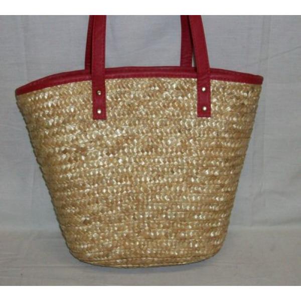 NWOT &#034;Laura Geller Beauty&#034; Straw Tote Bag Purse (Cotton-Poly Lining) Red Trim #4 image