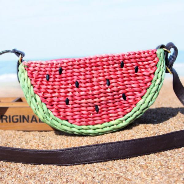 Women&#039;s handmade woven cute summer beach small straw bag with watermelon design #2 image