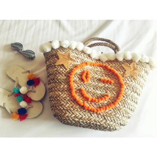 Women&#039;s handmade summer beach straw bag with pom pom emoji smile and sequin star #2 image