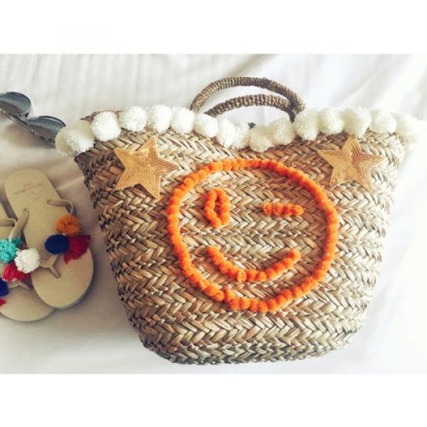 Women&#039;s handmade summer beach straw bag with pom pom emoji smile and sequin star #3 image