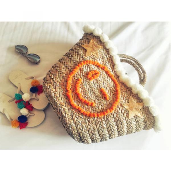 Women&#039;s handmade summer beach straw bag with pom pom emoji smile and sequin star #5 image