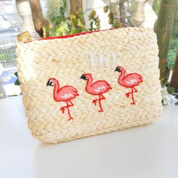 Women&#039;s handmade woven straw clutch bag with flamingo bird embroidery summer bag #1 image