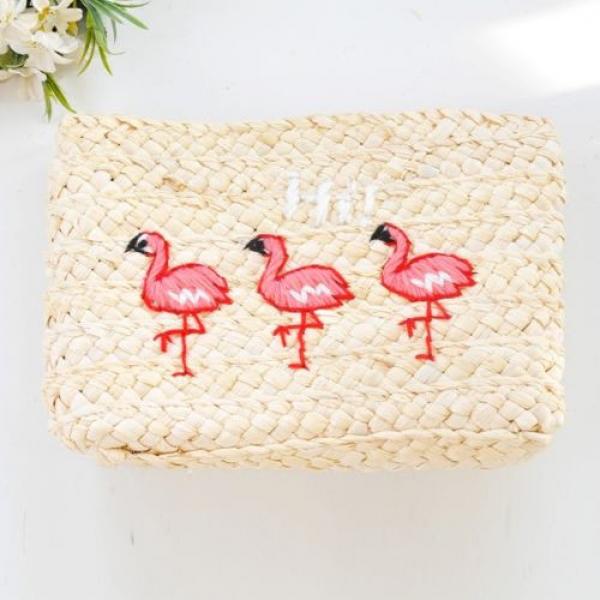 Women&#039;s handmade woven straw clutch bag with flamingo bird embroidery summer bag #2 image