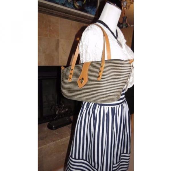 ERIC JAVITS Black Tan Straw/Leather Striped Casual Hand/Shoulder Bag Purse EUC #1 image