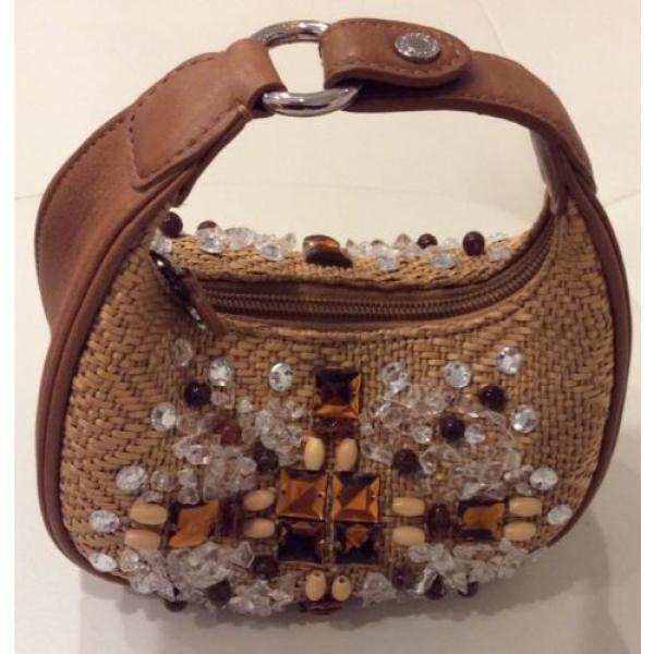 COLE HAAN SYDNEY STRAW LEATHER GEMS RHINESTONES  HAND BAG EVENING TAN PURSE NEW #1 image