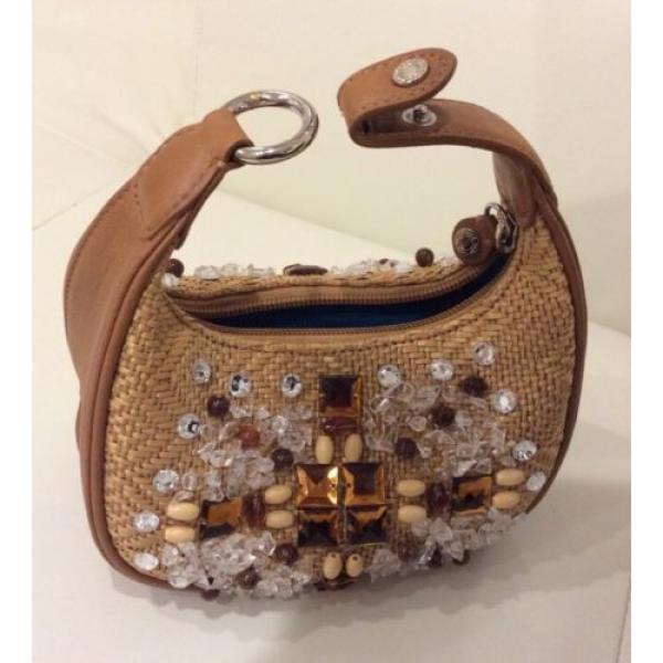 COLE HAAN SYDNEY STRAW LEATHER GEMS RHINESTONES  HAND BAG EVENING TAN PURSE NEW #2 image