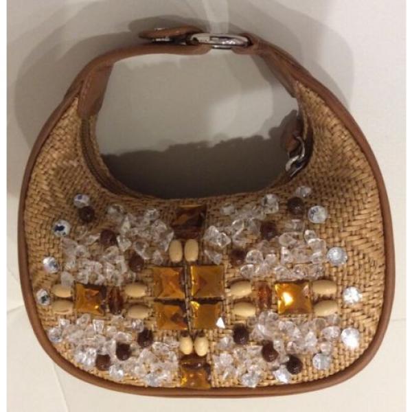 COLE HAAN SYDNEY STRAW LEATHER GEMS RHINESTONES  HAND BAG EVENING TAN PURSE NEW #3 image