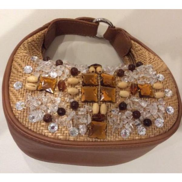 COLE HAAN SYDNEY STRAW LEATHER GEMS RHINESTONES  HAND BAG EVENING TAN PURSE NEW #5 image