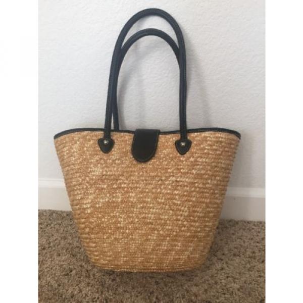 Cute Straw Beach Bag Tote Black Handles Interior Pockets #1 image