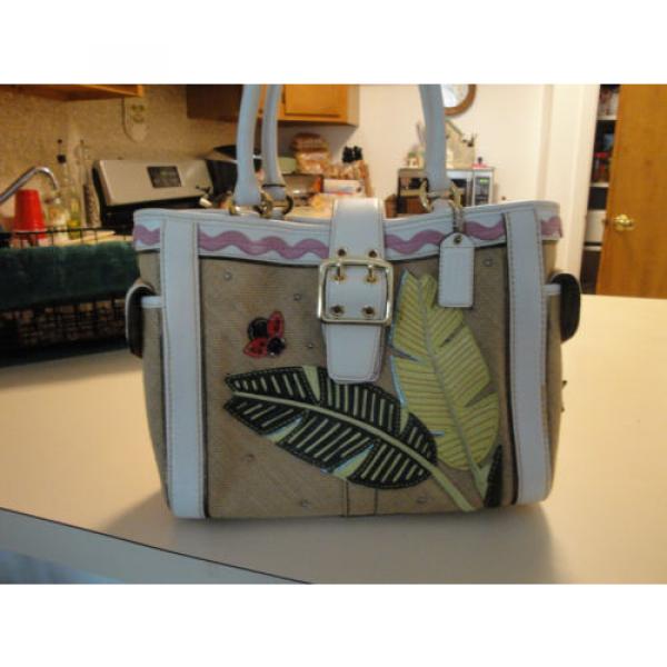 COACH Ltd Ed LEAFY LADY BUG CRYSTAL STRAW LEATHER APPLIQUE BOXY TOTE BAG PURSE #1 image