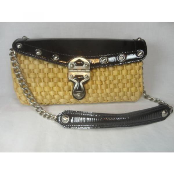 MICHAEL KORS Natur STRAW w/Blac PATENT LETHR w/CHAIN Strap, Sm SHOULDR BAG Purse #2 image