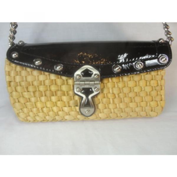 MICHAEL KORS Natur STRAW w/Blac PATENT LETHR w/CHAIN Strap, Sm SHOULDR BAG Purse #3 image