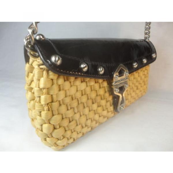 MICHAEL KORS Natur STRAW w/Blac PATENT LETHR w/CHAIN Strap, Sm SHOULDR BAG Purse #4 image