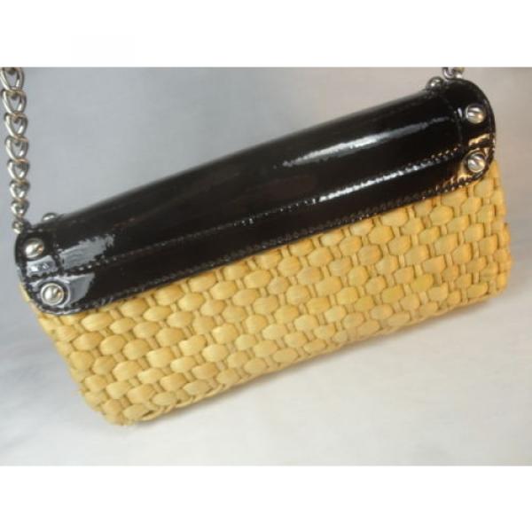 MICHAEL KORS Natur STRAW w/Blac PATENT LETHR w/CHAIN Strap, Sm SHOULDR BAG Purse #5 image