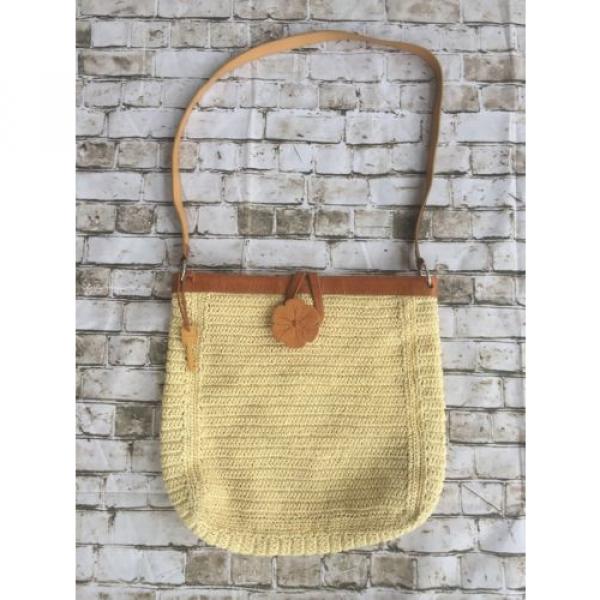 FOSSIL 1954 Straw Basket Weave Brown Leather Trim Wood Flower Key Shoulder Bag #1 image