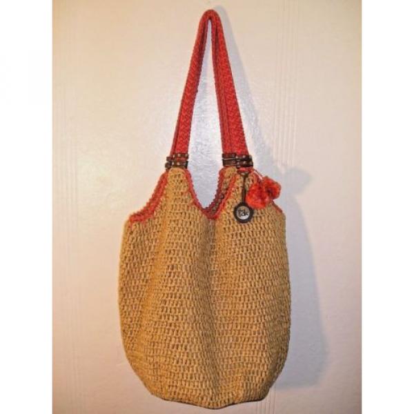 The Sak Hobo Tote Bucket Bag Boho Straw Salmon Pink Metallic Gold Pom Poms Large #1 image