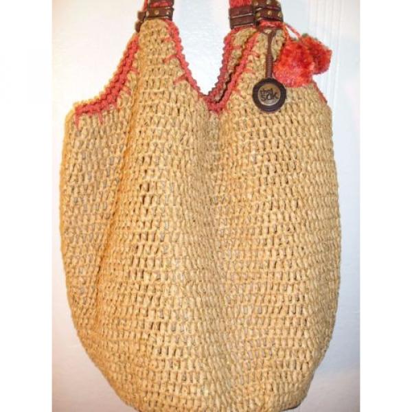 The Sak Hobo Tote Bucket Bag Boho Straw Salmon Pink Metallic Gold Pom Poms Large #2 image