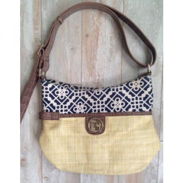 Spartina 449 Navy Blue/White Linen &amp; Straw Handbag Shoulder Bag Purse #1 image