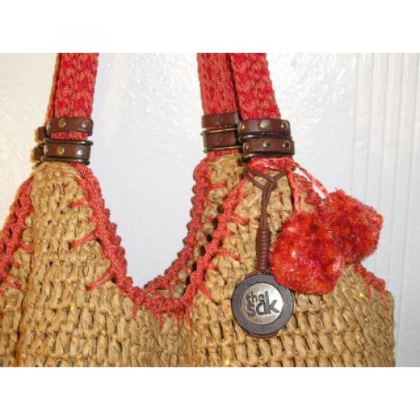 The Sak Hobo Tote Bucket Bag Boho Straw Salmon Pink Metallic Gold Pom Poms Large #3 image