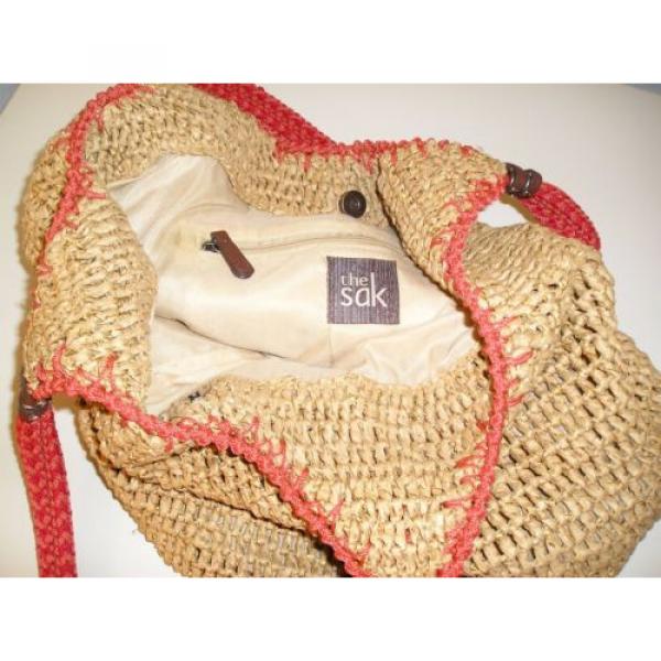 The Sak Hobo Tote Bucket Bag Boho Straw Salmon Pink Metallic Gold Pom Poms Large #4 image