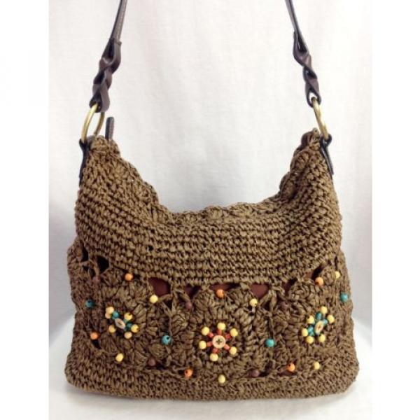 Brown Straw Shoulder Bag Purse with Wooden Bead Design &amp; Zip closure #1 image