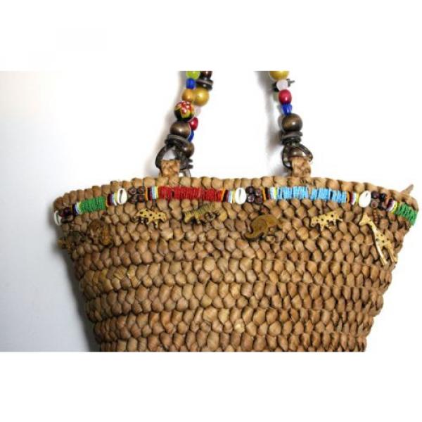 NEW CAPPELLI BRAIDED BROWN STRAW BEAD CHARM DECOR BASKET TOTE SHOULDER BAG PURSE #2 image