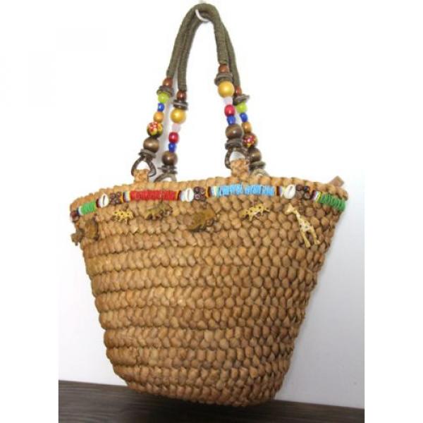 NEW CAPPELLI BRAIDED BROWN STRAW BEAD CHARM DECOR BASKET TOTE SHOULDER BAG PURSE #3 image