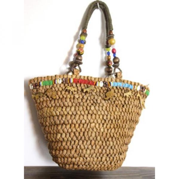 NEW CAPPELLI BRAIDED BROWN STRAW BEAD CHARM DECOR BASKET TOTE SHOULDER BAG PURSE #4 image