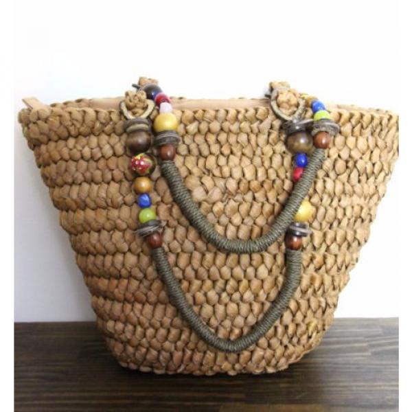 NEW CAPPELLI BRAIDED BROWN STRAW BEAD CHARM DECOR BASKET TOTE SHOULDER BAG PURSE #5 image