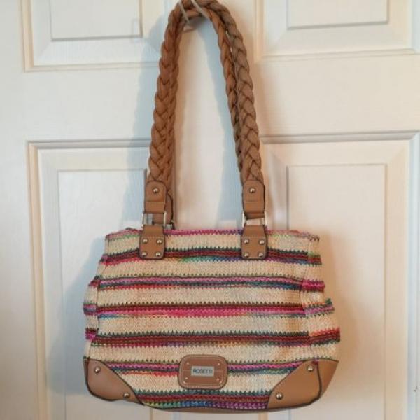 Rosetti Straw Multi-Color Shoulder Purse Bag Brown faux leather trim &amp; strap GUC #1 image