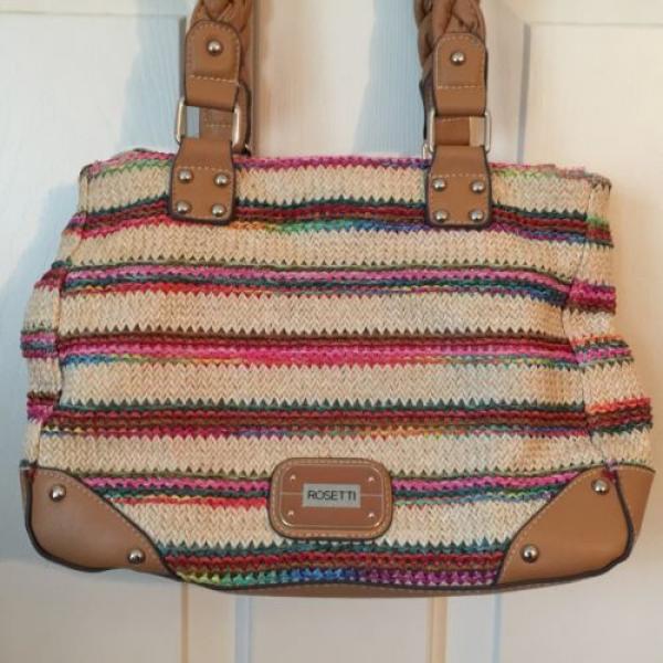 Rosetti Straw Multi-Color Shoulder Purse Bag Brown faux leather trim &amp; strap GUC #2 image