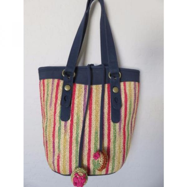 Lucky Brand Tote Bag Woven Straw Canvas Multi Color Stripe Handbag #1 image