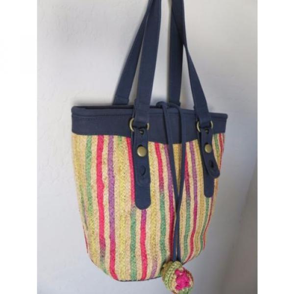 Lucky Brand Tote Bag Woven Straw Canvas Multi Color Stripe Handbag #2 image